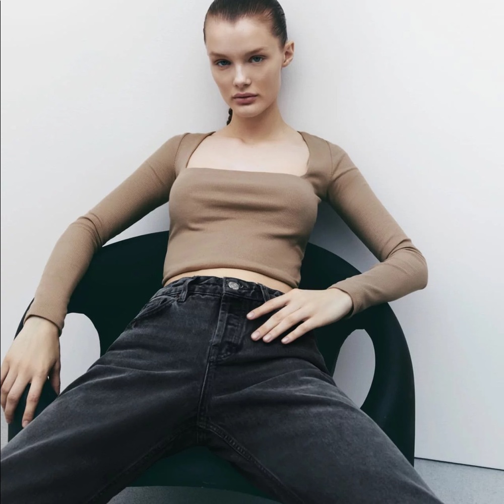 Zara Square Neckline Cropped Tan Knit Top